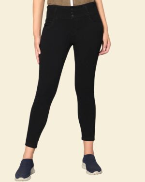 Women's 3-Button High Rise Skinny Jeans | Stretchable Denim | Solid Black | Daily Casual Wear | Ankle Length