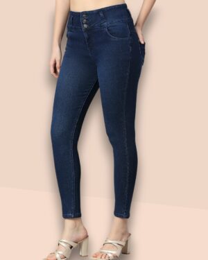 V35WDSKFS05_30 Women's 3-Button High Rise Skinny Jeans | Stretchable Denim | Dark Blue | Daily Casual Wear | Ankle Length