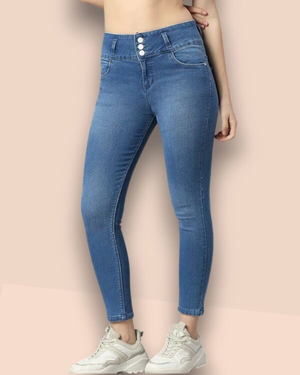 V35WDSKFS06_28 Women's 3-Button High Rise Skinny Jeans | Stretchable Denim | Medium Blue | Daily Casual Wear | Ankle Length