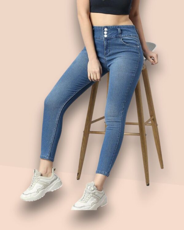 V35WDSKFS06_30 Women's 3-Button High Rise Skinny Jeans | Stretchable Denim | Medium Blue | Daily Casual Wear | Ankle Length