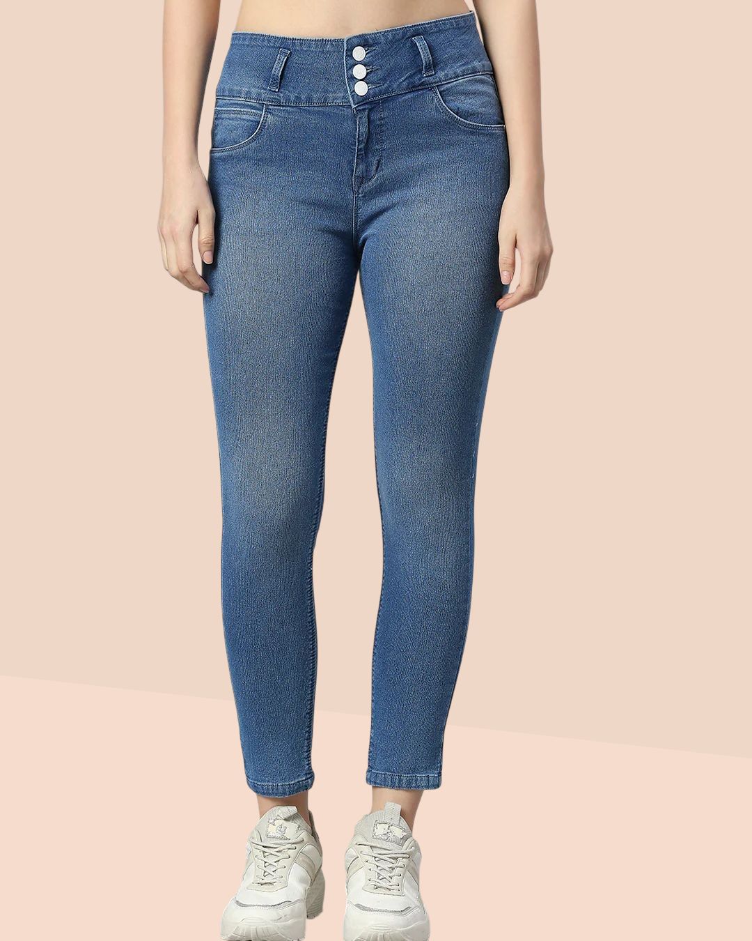 Women’s 3-Button High Rise Skinny Jeans | Stretchable Denim | Medium Blue | Daily Casual Wear | Ankle Length