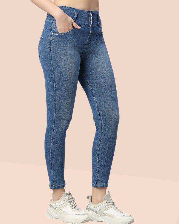 V35WDSKFS06_36 Women's 3-Button High Rise Skinny Jeans | Stretchable Denim | Medium Blue | Daily Casual Wear | Ankle Length