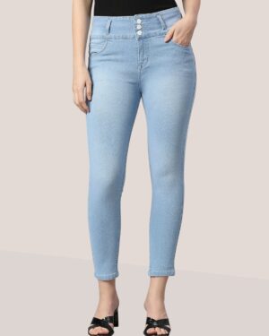 Women's 3-Button High Rise Skinny Jeans | Stretchable Denim | Light Blue | Daily Casual Wear | Ankle Length
