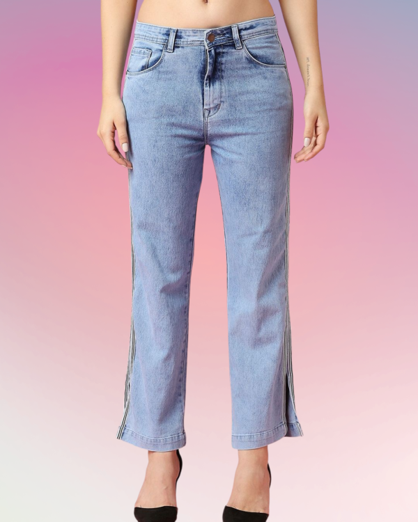 Women’s Light Blue Mid Rise Straight Fit Jeans with Side Stripe | Trendy Casual Denim Pants
