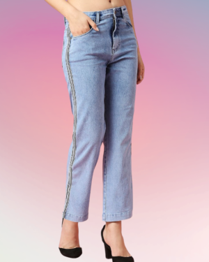 V35WDSKFS21_30 Women’s Light Blue Mid Rise Straight Fit Jeans with Side Stripe | Trendy Casual Denim Pants