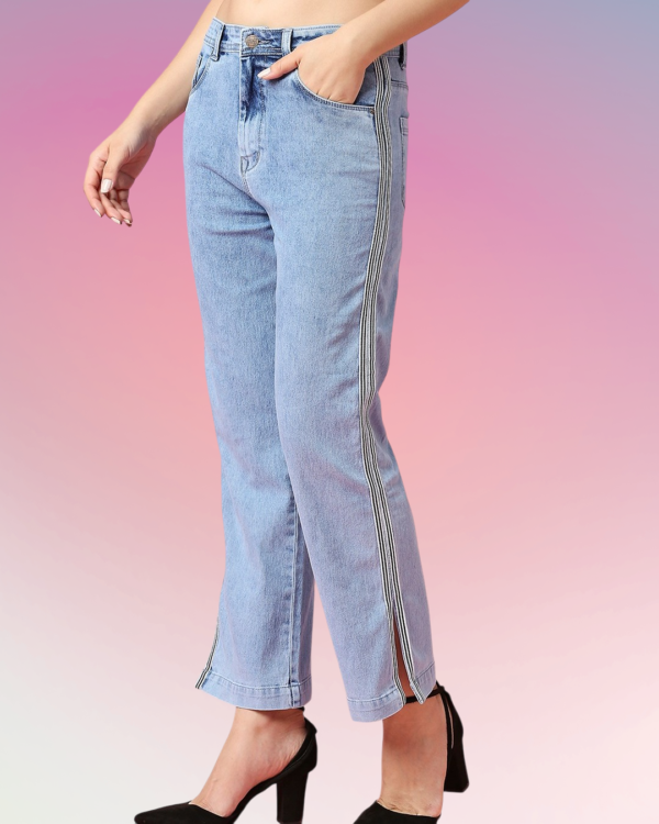 Women’s Light Blue Mid Rise Straight Fit Jeans with Side Stripe | Trendy Casual Denim Pants