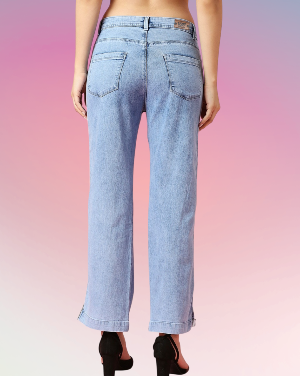 Women’s Light Blue Mid Rise Straight Fit Jeans with Side Stripe | Trendy Casual Denim Pants
