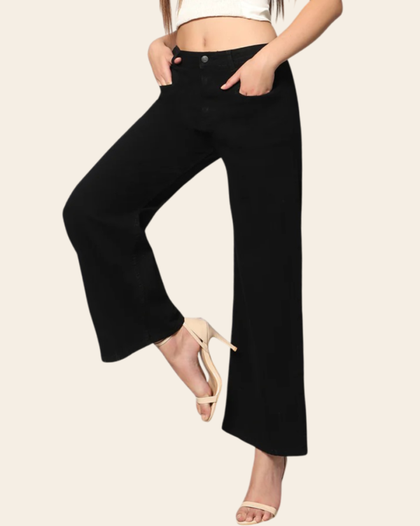 Women's High Rise Wide Leg Jeans | Loose Fit Denim | Solid Black | Daily Casual Wear | Trendy Korean Style