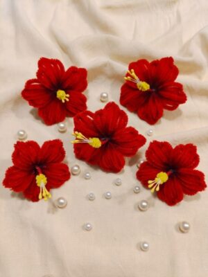 Red Hibiscus Flower Pack of 5 | Festive Floral Accent | Ganpati Decor | Premium Home Styling