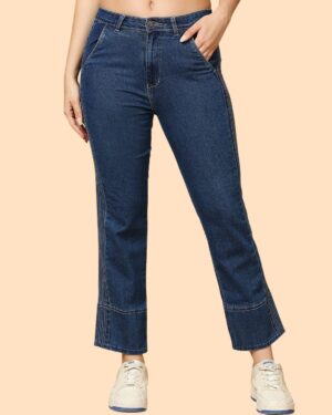 Women Mid Rise Straight Fit Jeans | Stretchable Denim Pants | Ankle Length Casual Wear | Classic Blue Straight Cut Jeans for Women