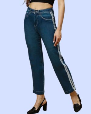 Women’s Straight Fit Jeans with Side Stripe Patti | Mid Rise Denim Pants | Stretchable Comfortable Casual Wear for Women & Girls