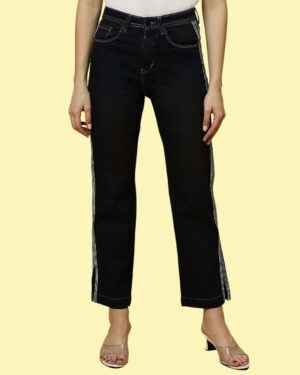 V35WDSTRIP30_28 Women’s Straight Fit Jeans with Side Stripe Patti | Rush Brown Denim Pants | Mid Rise Stretchable Casual Wear for Women & Girls