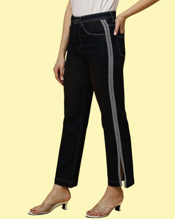 Women’s Straight Fit Jeans with Side Stripe Patti | Rush Brown Denim Pants | Mid Rise Stretchable Casual Wear for Women & Girls