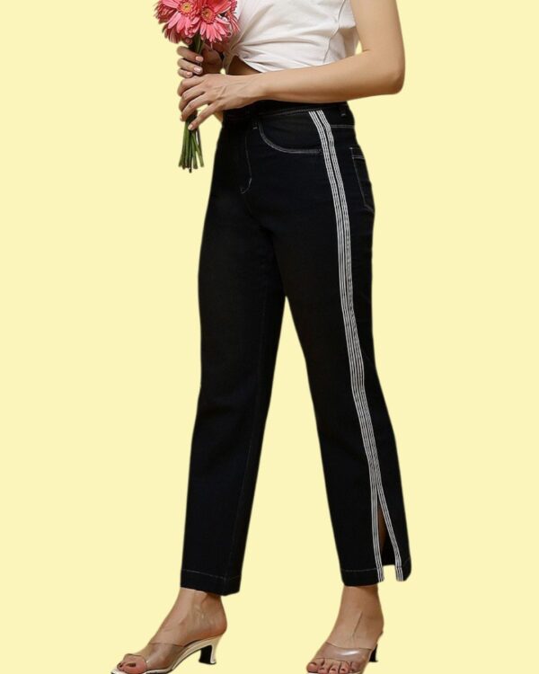 Women’s Straight Fit Jeans with Side Stripe Patti | Rush Brown Denim Pants | Mid Rise Stretchable Casual Wear for Women & Girls