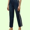 Women’s Straight Fit Jeans with Side Stripe Patti | Dark Blue Denim Pants | Mid Rise Stretchable Casual Wear for Women & Girls