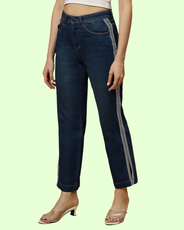 Women’s Straight Fit Jeans with Side Stripe Patti | Dark Blue Denim Pants | Mid Rise Stretchable Casual Wear for Women & Girls