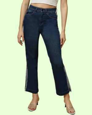 Women’s Straight Fit Jeans with Side Stripe Patti | Dark Blue Denim Pants | Mid Rise Stretchable Casual Wear for Women & Girls