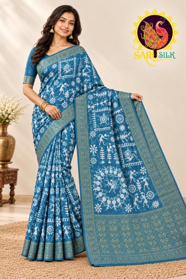 WhatsApp Image 2026-10-22 at 8.42.56 PM (1) Banarsi Varli Blue Saree | SaruSilk | Serene Blue Sophistication with Traditional Artistic Beauty | Women