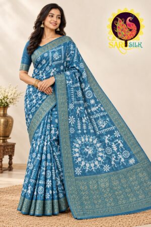 WhatsApp Image 2026-10-22 at 8.42.56 PM Banarsi Varli Blue Saree | SaruSilk | Serene Blue Sophistication with Traditional Artistic Beauty | Women