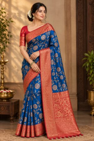 Gangajal Blue Saree | SaruSilk | Blush Pink Pallu with Serene Blue Elegance | Women